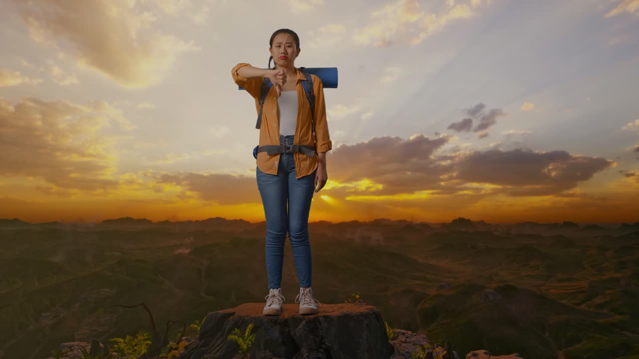 cuerpo lleno de excursionista femenina asiática con mochila de montañismo mostrando pulgares hacia abajo gesto mientras está de pie en la cima de la montaña durante la hora de la puesta del sol