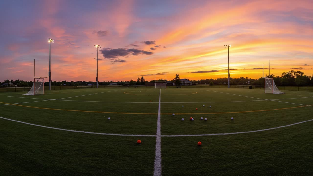 A Tranquil Transition: Two Frames Capturing the Beauty of a Soccer Field Under Vibrant Skies at Sunset and Dusk, Highlighting the Playground for Passionate Players