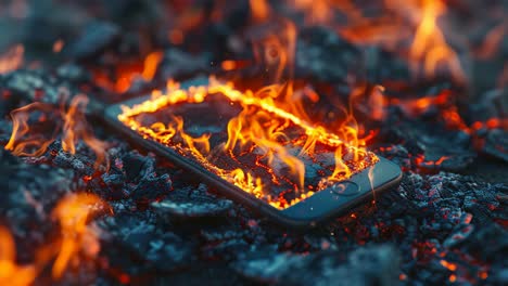 burning smartphone in a fire