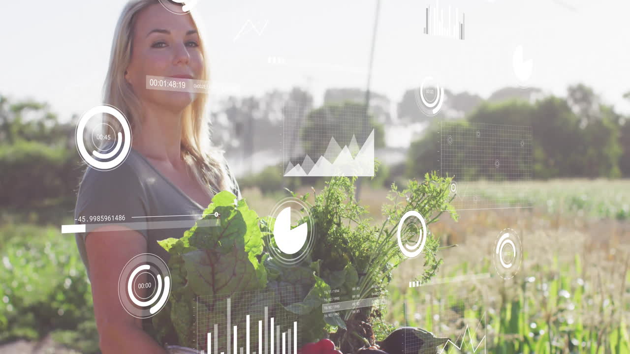 Mature female farmer holding vegetable basket in field, with data graphs floating across farm map