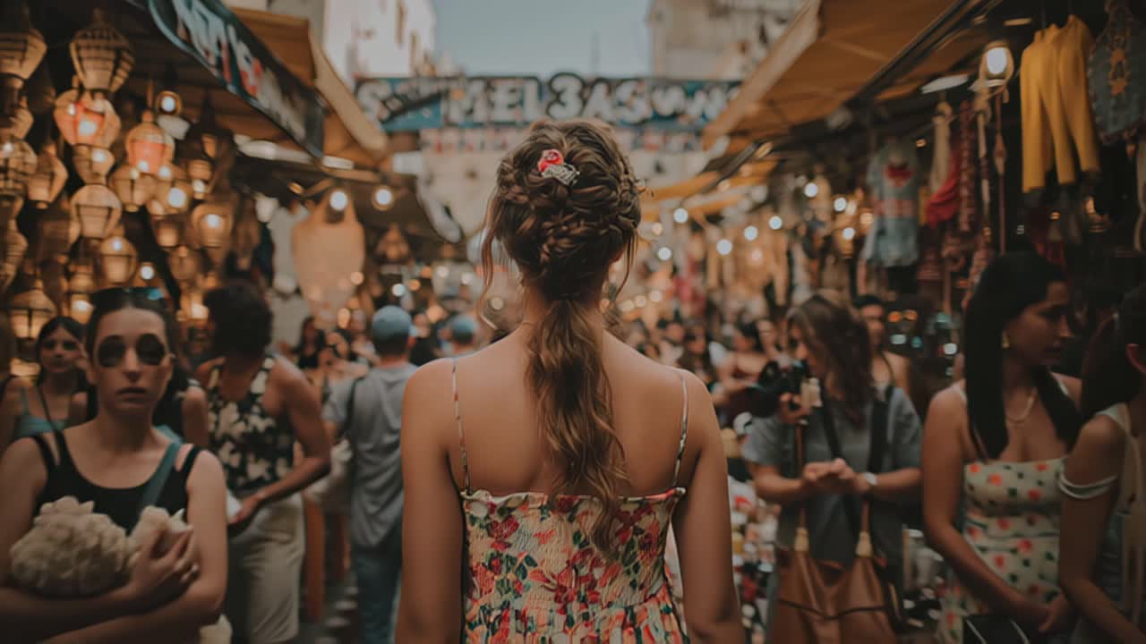 Rear view of a young woman in summer dress walking through a crowded outdoor bazaar with warm lantern lights, souvenir stalls, and tourists shopping in a narrow alley