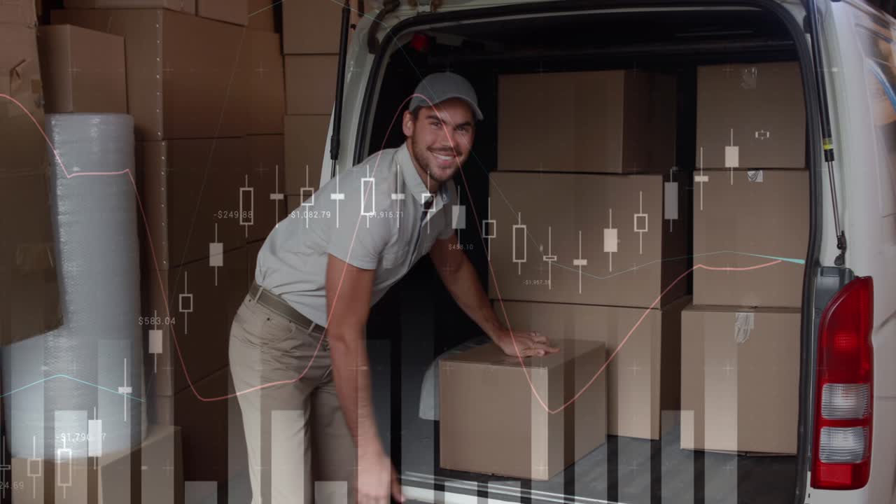 Animation of financial data over happy caucasian male courier loading packages into car