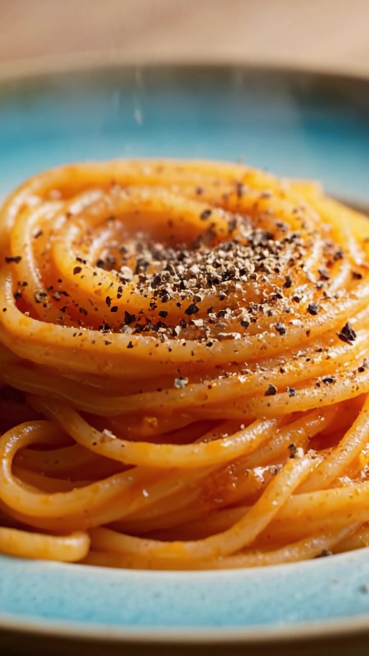 Un primo piano delizioso di spaghetti conditi con pepe nero fresco su un piatto dai colori vivaci, che cattura l'essenza della cucina italiana e del comfort food