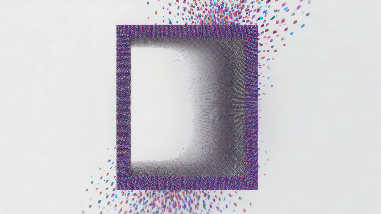 Flowing particles from right edge forming layered blue red slope inside square frame to fill frame