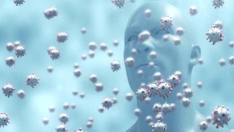 Animation-Von-Makro-Coronavirus-Zellen,-Die-über-Einem-3D-Menschenmodell-Im-Hintergrund-Schweben.-4k