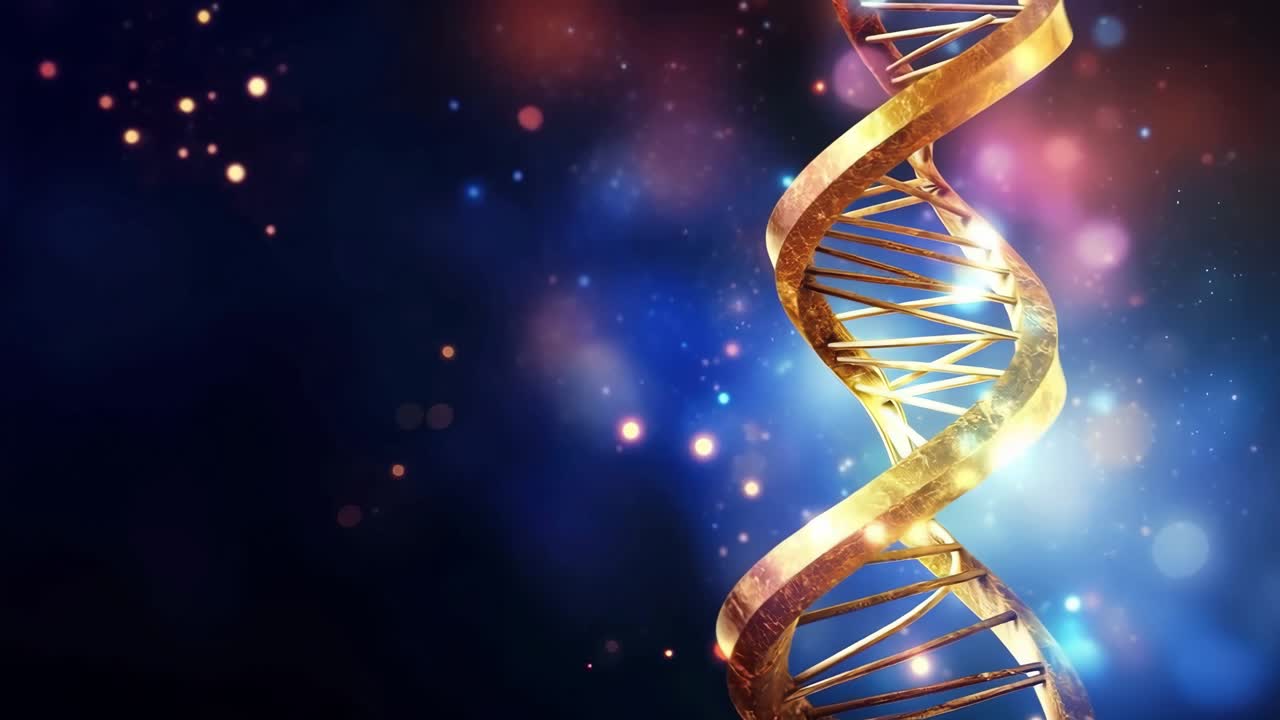 Un video concept ravvicinato e vivace di un'elica di DNA dorata su uno sfondo luminoso pieno di bokeh