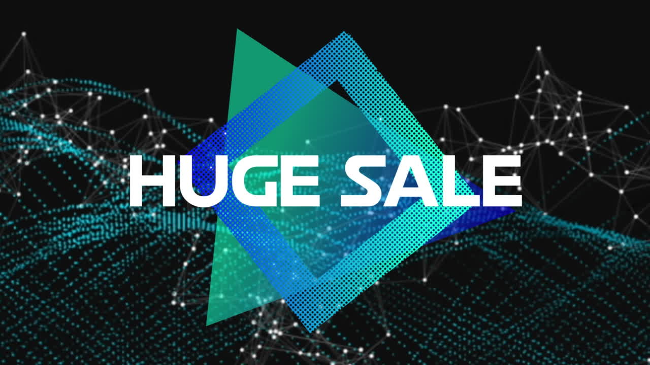 Animation of huge sale text over neon pattern on black background