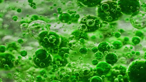 macro shot of a mix of small and big green bubbles getting mixed in water, slowly moving around