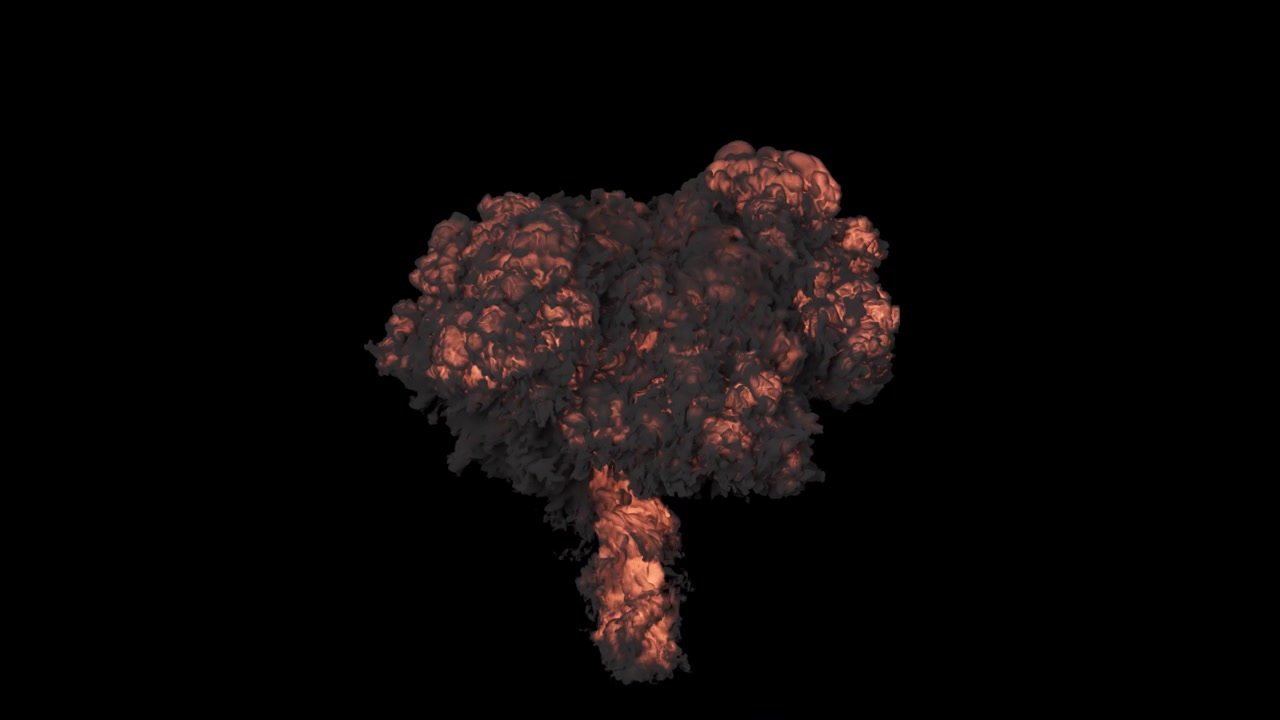 A nuclear explosion with black, thick smoke. An explosion with black smoke on an isolated background with an alpha channel, a bomb explosion and real smoke.