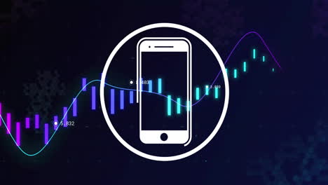smartphone icon animation over financial data and stock market graph