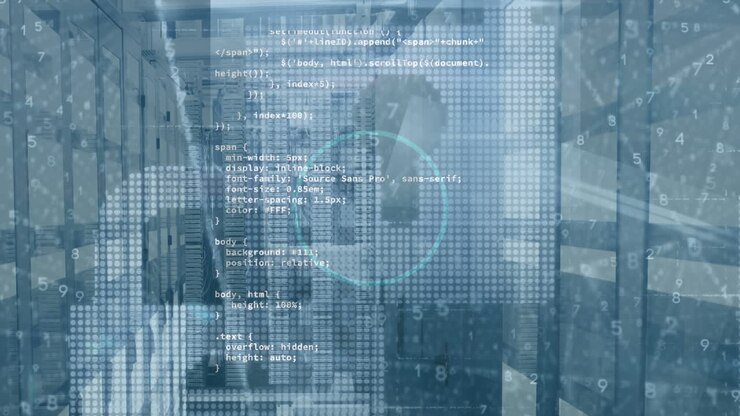 Animation of padlock icons and data processing over server room