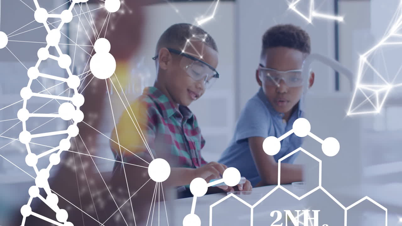 실험실에서 다양한 어린이에 대한 dna 줄무의 애니메이션과 과학적 데이터 처리