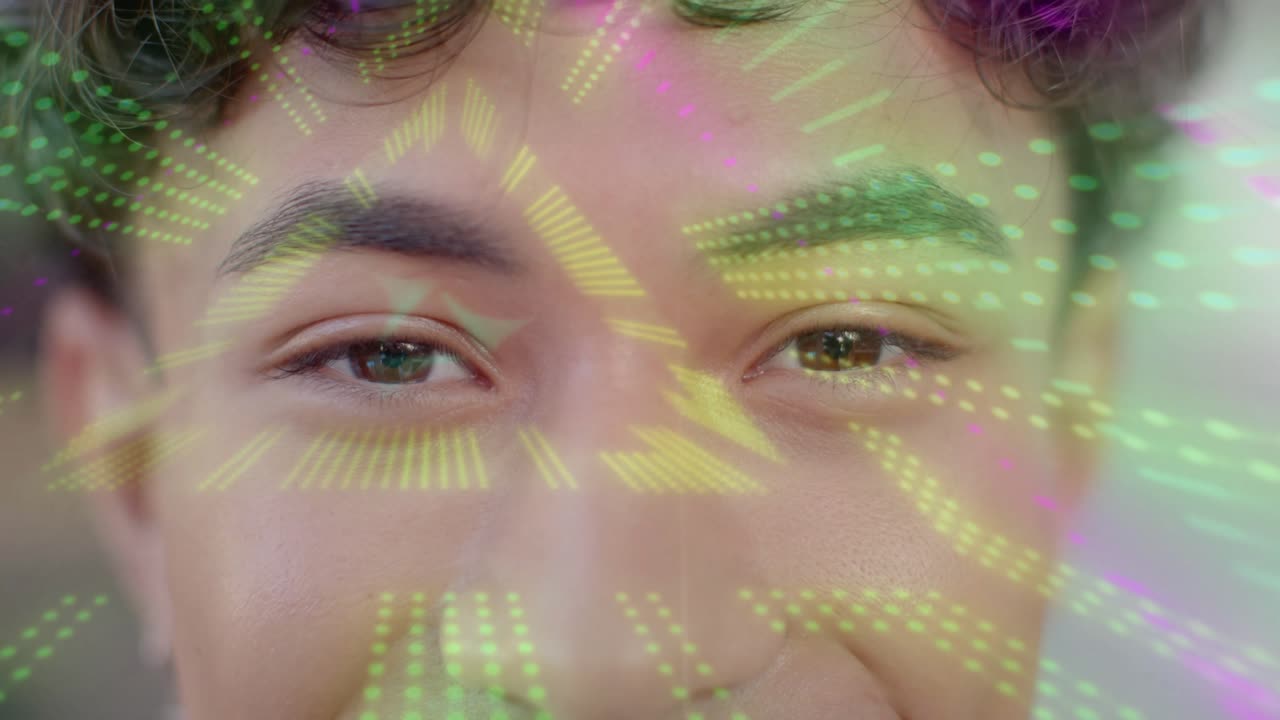 Man opening eyes closeup, neon triangle overlay aligning with face, showing tech for creators