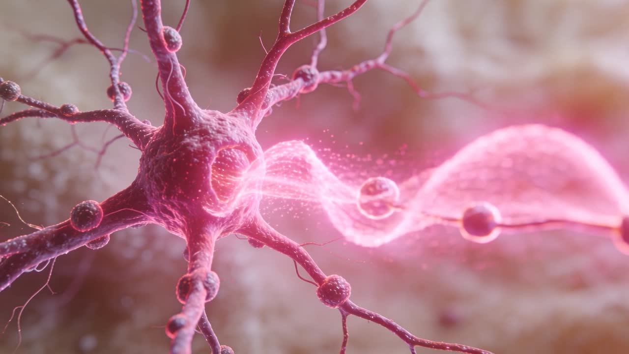 Recibiendo una cinta luminosa en tejido neuronal, con un soma estrellado procesando la señal mediante perlas hacia las dendritas.
