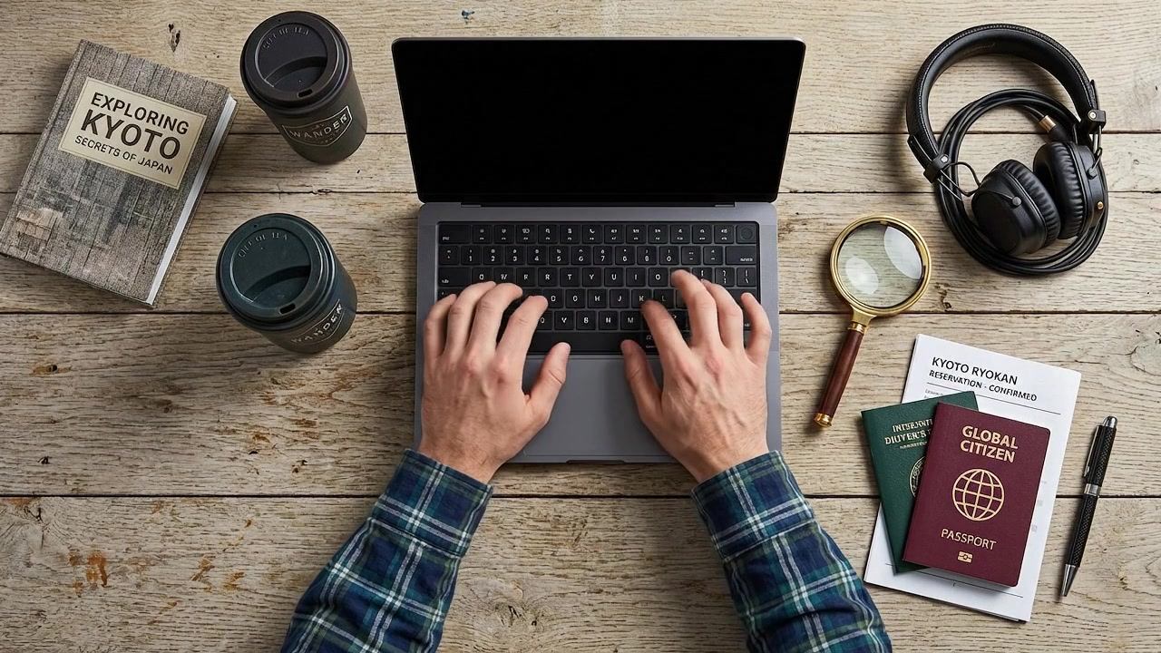 Persona che lavora al laptop con accessori da viaggio su una scrivania di legno