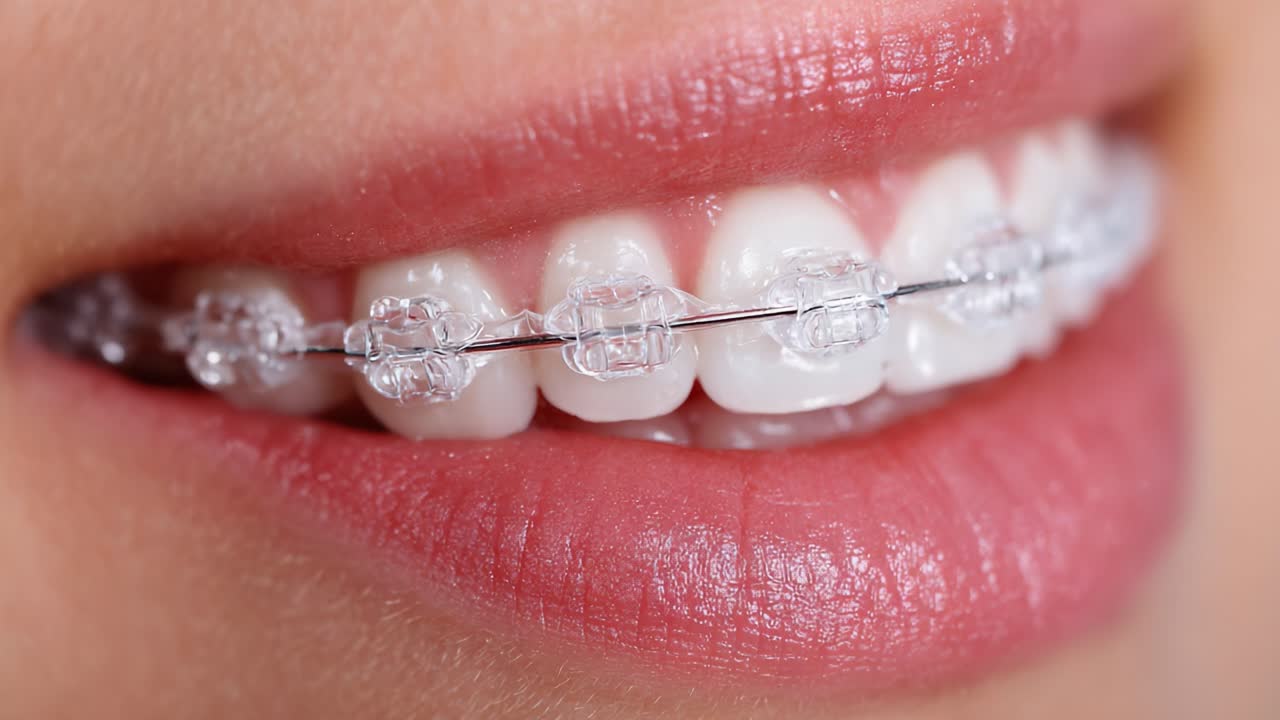 A Close-Up of a Beautiful Smile with Clear Braces Enhancing Dental Appearance and Improving Oral Health through Orthodontic Treatment