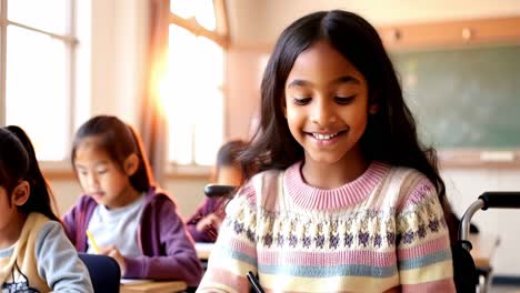 a girl in a wheelchair is sitting at a desk with a book in classroom.