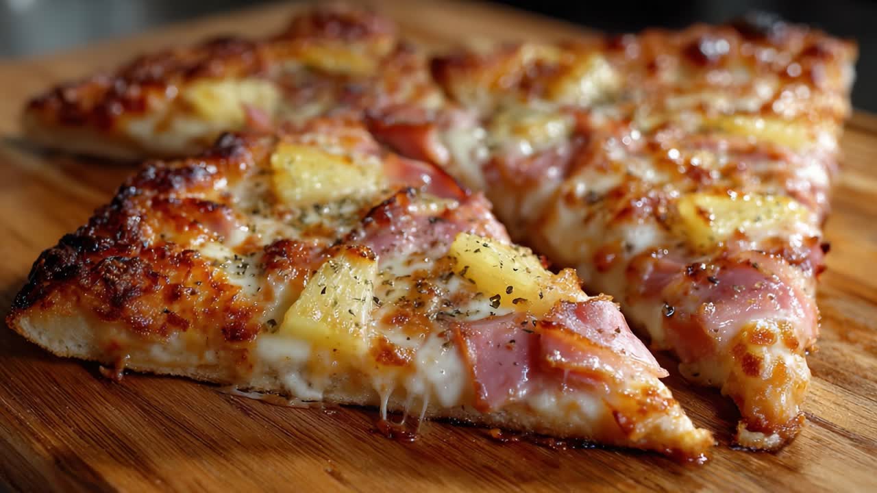 Fette di pizza deliziosamente cotte al forno con formaggio, prosciutto e ananas su un tagliere di legno, che mostrano la crosta dorata e i condimenti saporiti per una delizia culinaria.
