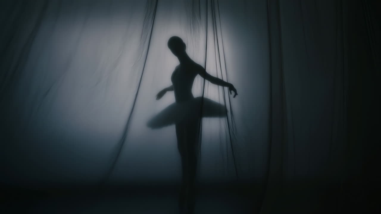 Backlit Ballerina Shadow Behind Curtain Poised, Silhouette Performs Slow Pirouette And Arabesque, Soft Studio