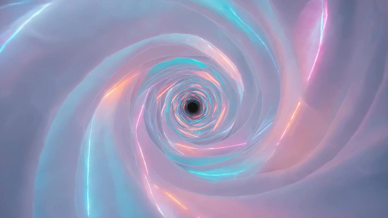 Playing rotating spiral tunnel in digital vortex pulling inward, showing dark core and neon streaks