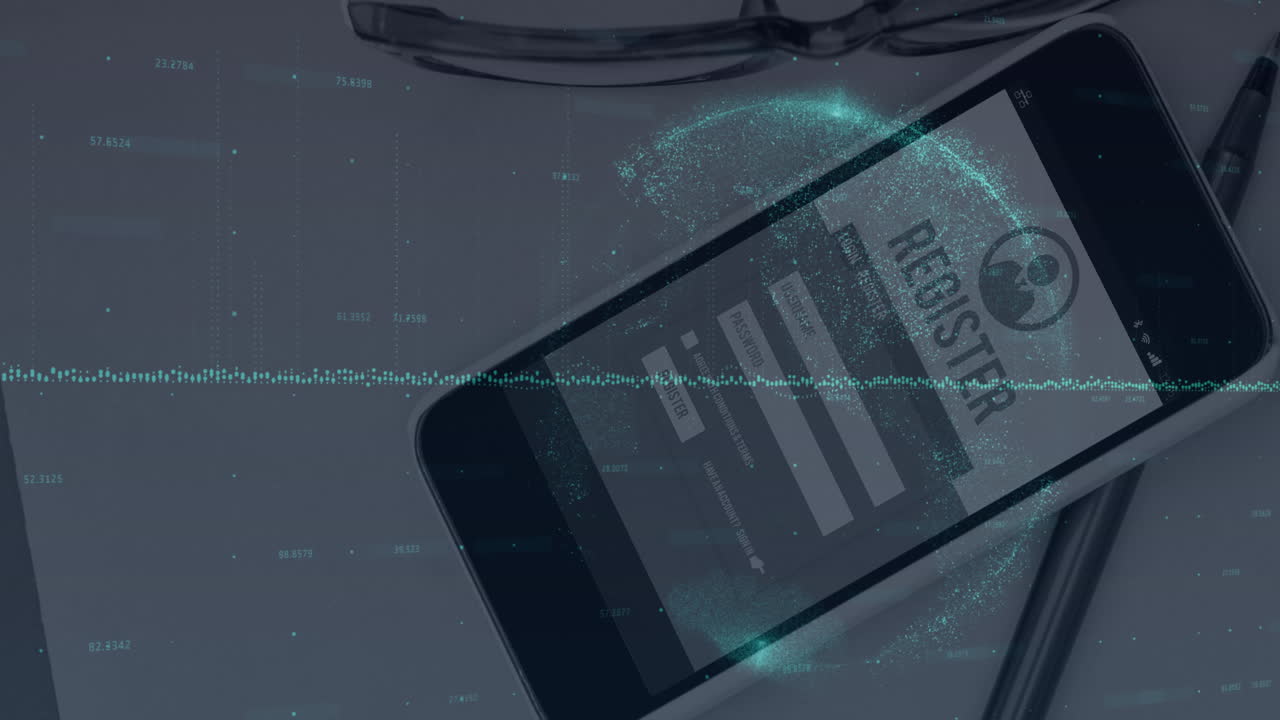 Animation of financial data processing and globe over smartphone on desk