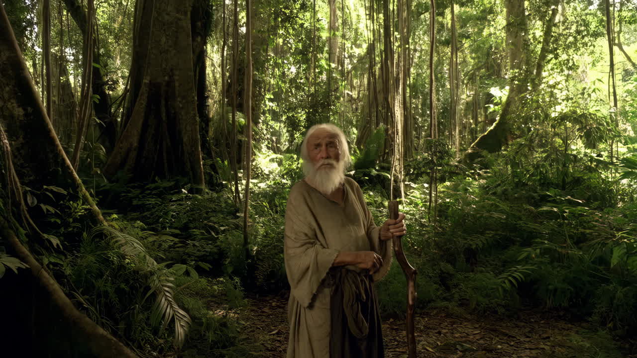 An old man with a long white beard stands in a dense, green forest