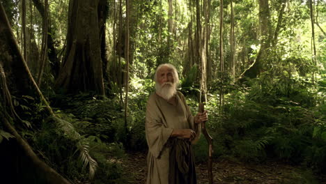 an old man with a long white beard stands in a dense, green forest
