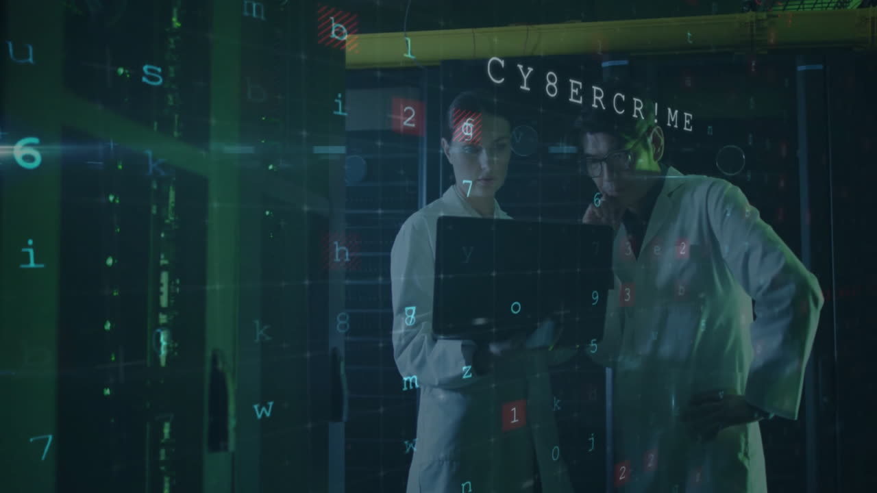 Scientists analyzing data on laptop, cybersecurity warning animation over laboratory background