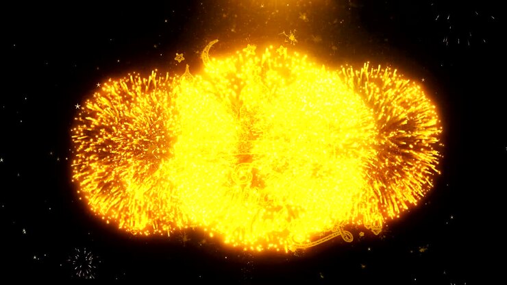 Ramadan Mubarak Text Wish On Firework Display Explosion Particles.