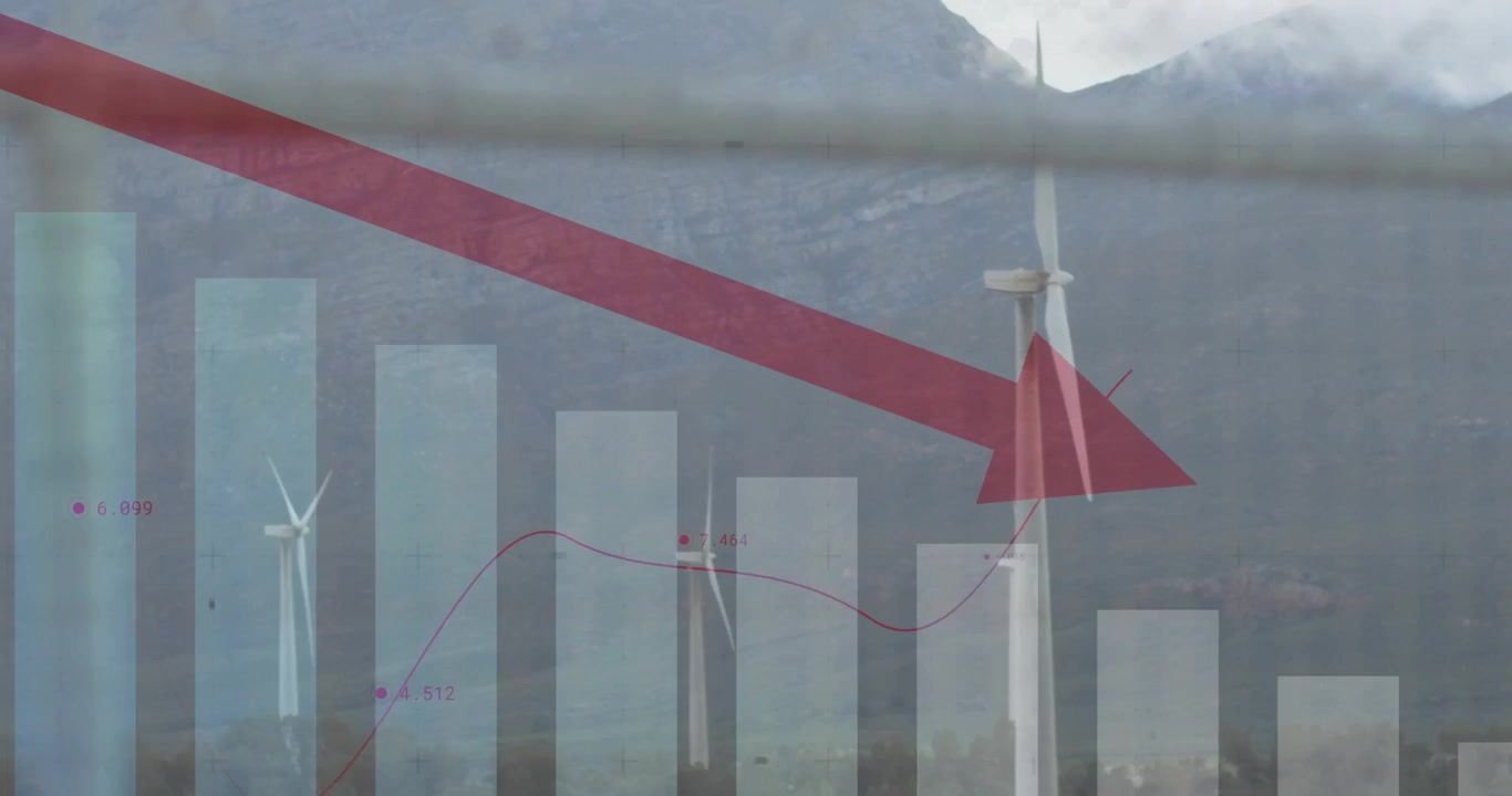 overlay starting turbine blades rotating as red arrow sliding down bars showing falling output