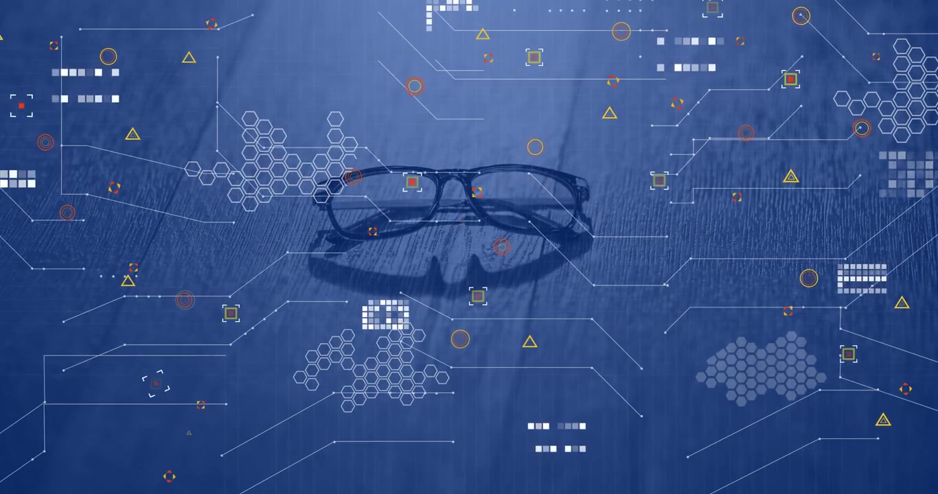 Starting 2nd second, digital elements emerging around black-framed glasses, forming data network