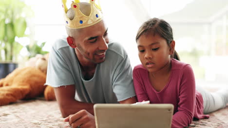 tablet, love and father with girl child on a bed