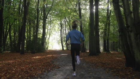 Dynamic-forest-run:-camera-follows-running-woman-in-misty-morning