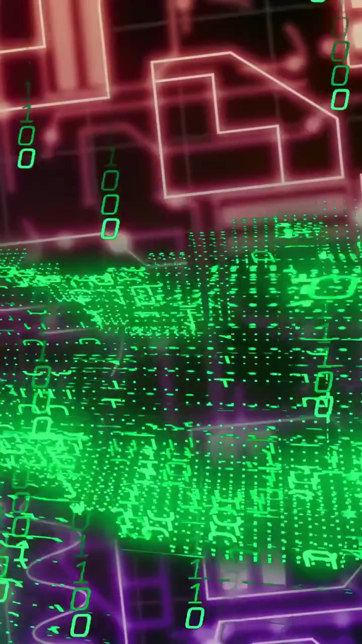 Vertical video: Green 0s and 1s scrolling, cascading when neon nodes pulsing forming data plane