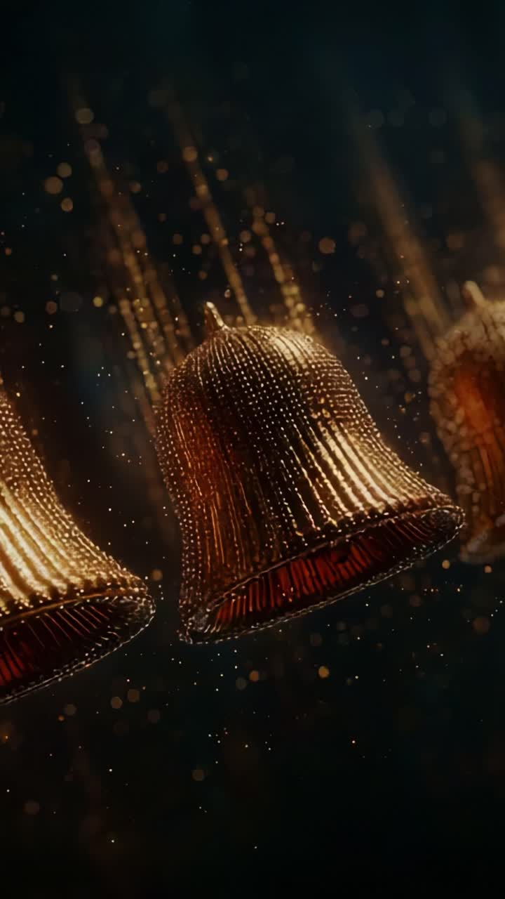 Una sequenza mozzafiato di scintillanti campanelle dorate sospese in movimento, che irradiano particelle luminescenti su uno sfondo scuro, creando un'atmosfera incantevole di festa e gioia
