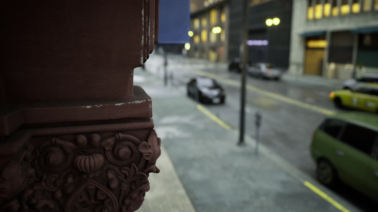 Urban street view showcasing wet pavement and rain soaked atmosphere at dusk