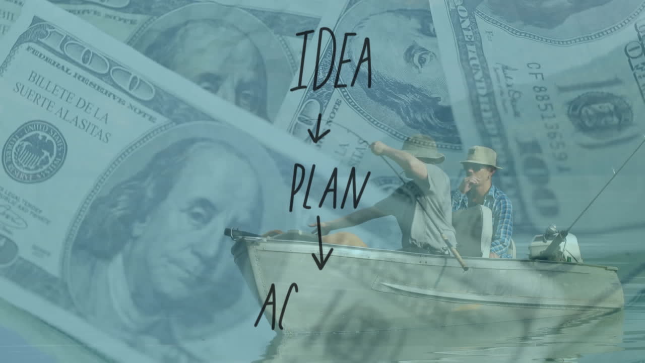 아이디어 계획, 행동 텍스트, 그리고 은행 지폐를 잡는 백인 남성들의 애니메이션