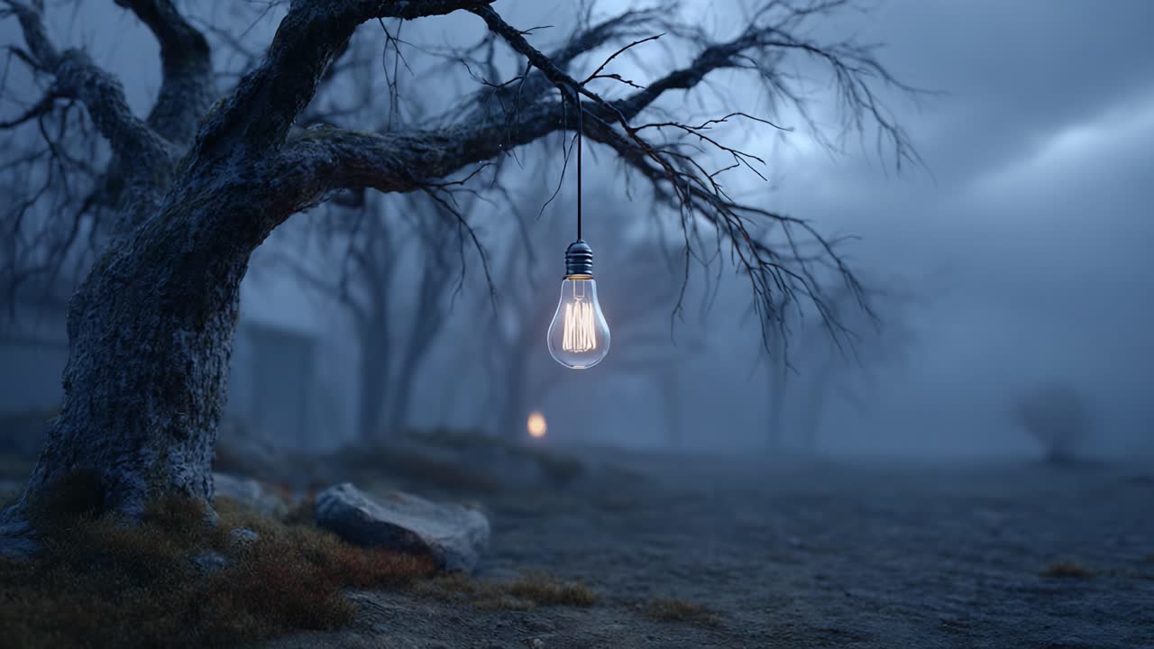 Una escena inquietante de un árbol con luz tenue con una bombilla colgando, capturando una atmósfera de misterio y melancolía en un paisaje neblinoso