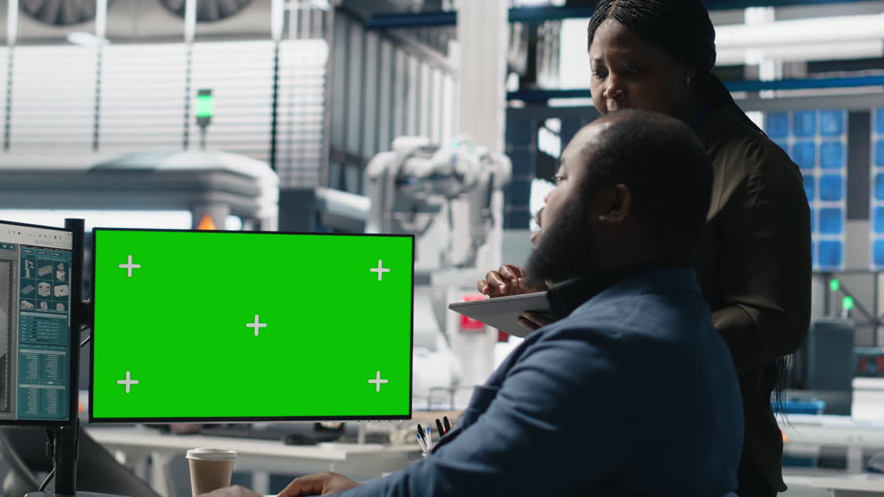 People discussing business over a monitor with a green screen