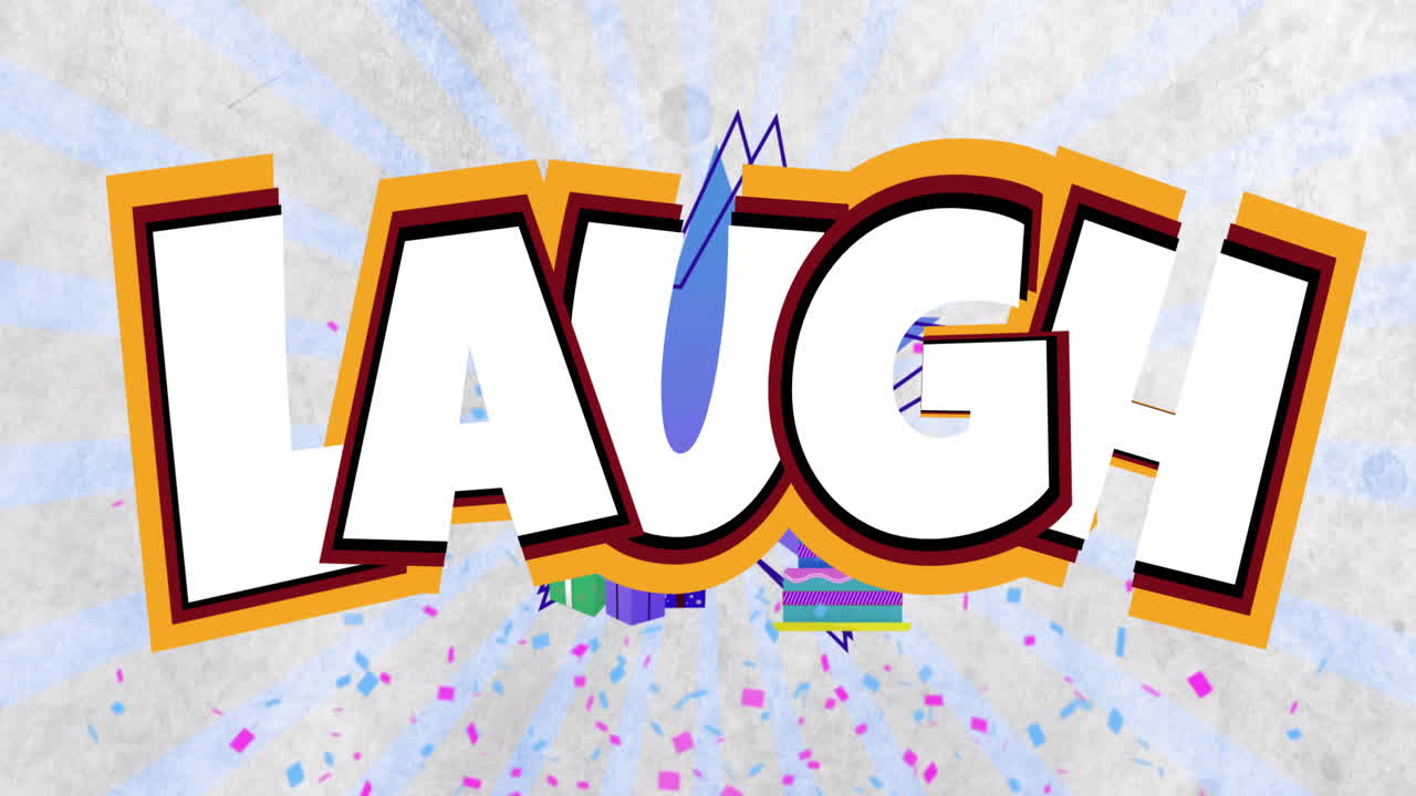 LAUGH text animation with colorful confetti and rays background