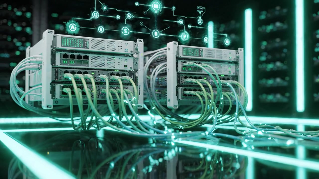 Advanced Network Topology with High-Tech Equipment: A Visualization of Data Connections and Management in a Modern Data Center Environment
