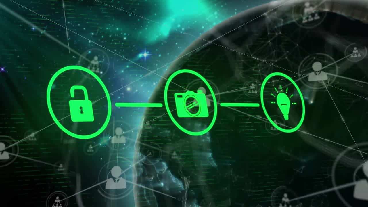 Animation of network of connections with icons and globe over sky