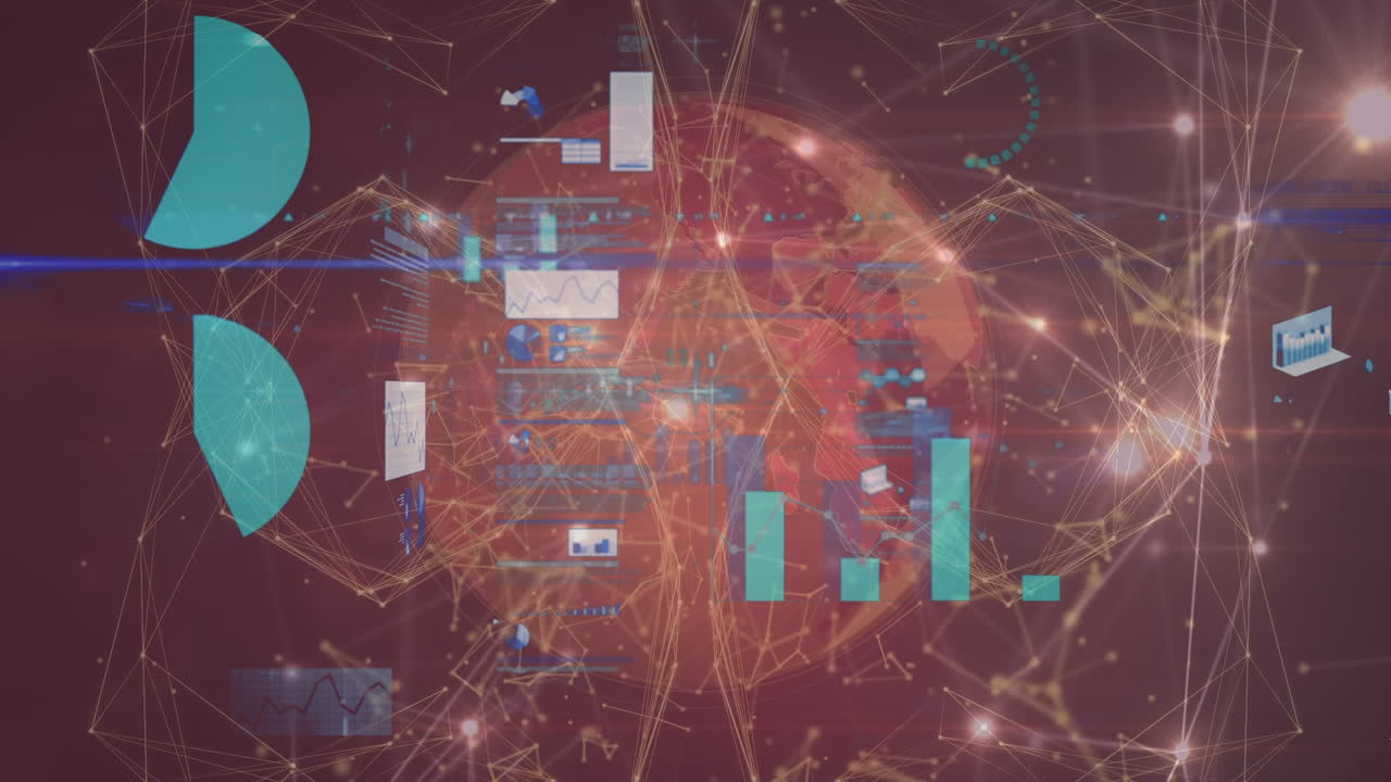 Animation of digital screen with data, graphs and connections