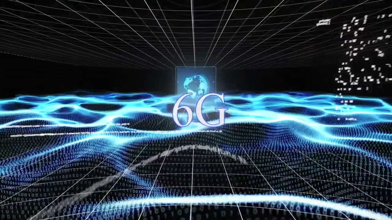 Animation of data and 6g in digital space with waves