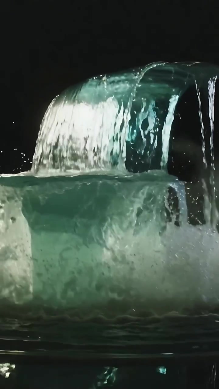 Video verticale: Pompa che avvia una fontana a più livelli, versando una cascata color verde acqua in una vasca in studio, creando schiuma.