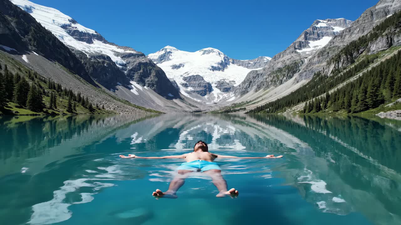 Man Relaxing in a Turquoise Lake Surrounded by Snow-Capped Mountains