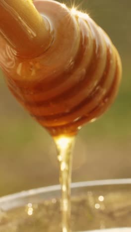 honey dripping from a wooden dipper