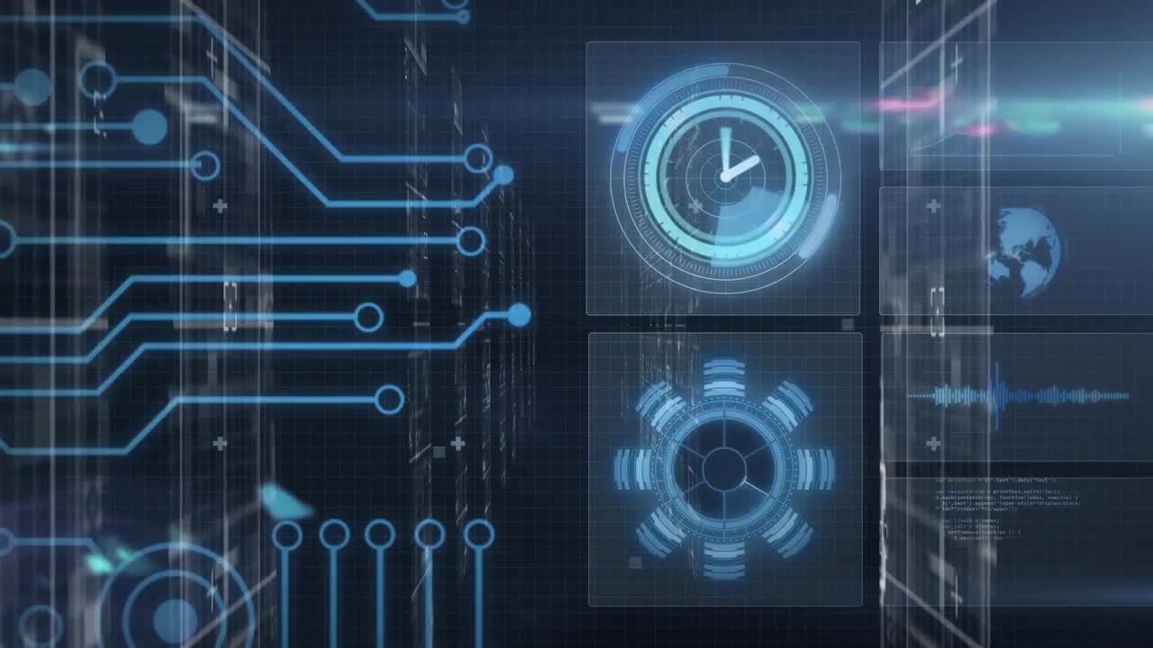 Animation of data processing with scope scanning with clock on black background