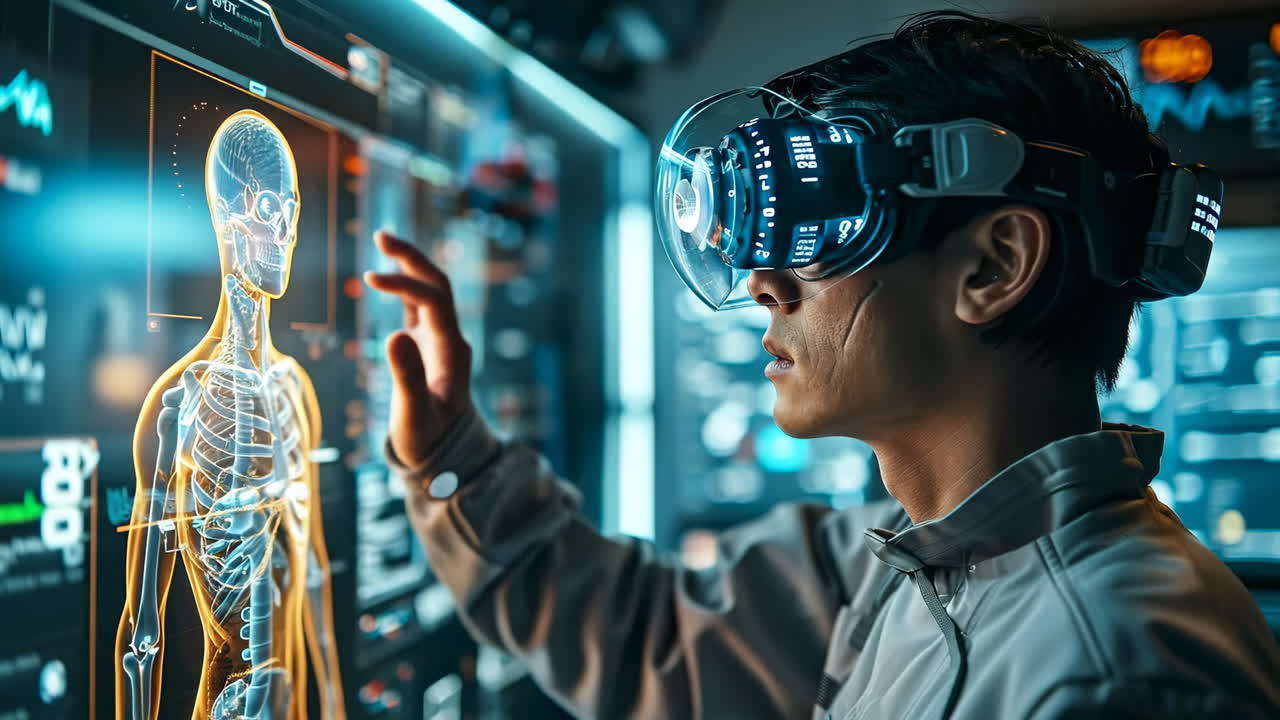 Virtual reality exploring human anatomy. A person uses virtual reality gear to interact with a 3D model of human anatomy in a high-tech environment