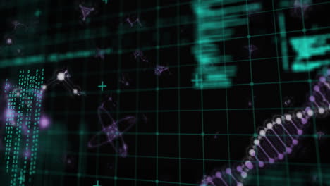 Cadena-De-ADN-Animada-Y-Símbolos-Científicos-Sobre-Fondo-De-Cuadrícula